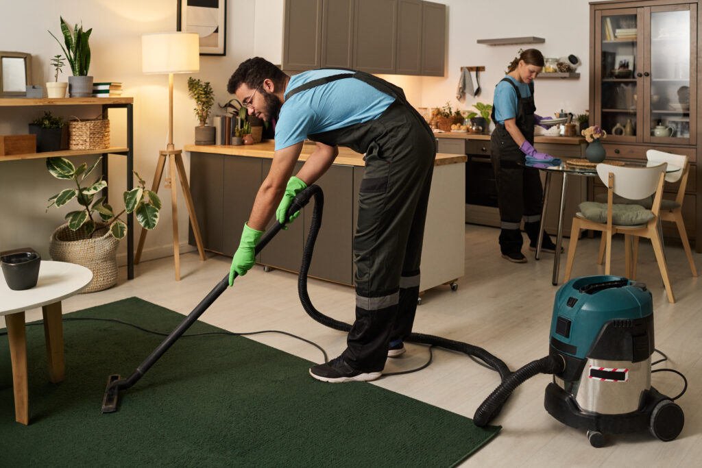 Reinigungsteam saugt und entstaubt eine Wohnung